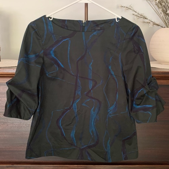 COS Green Blue Abstract Print Blouse with Statement Sleeves, Size 2 - Picture 4 of 10